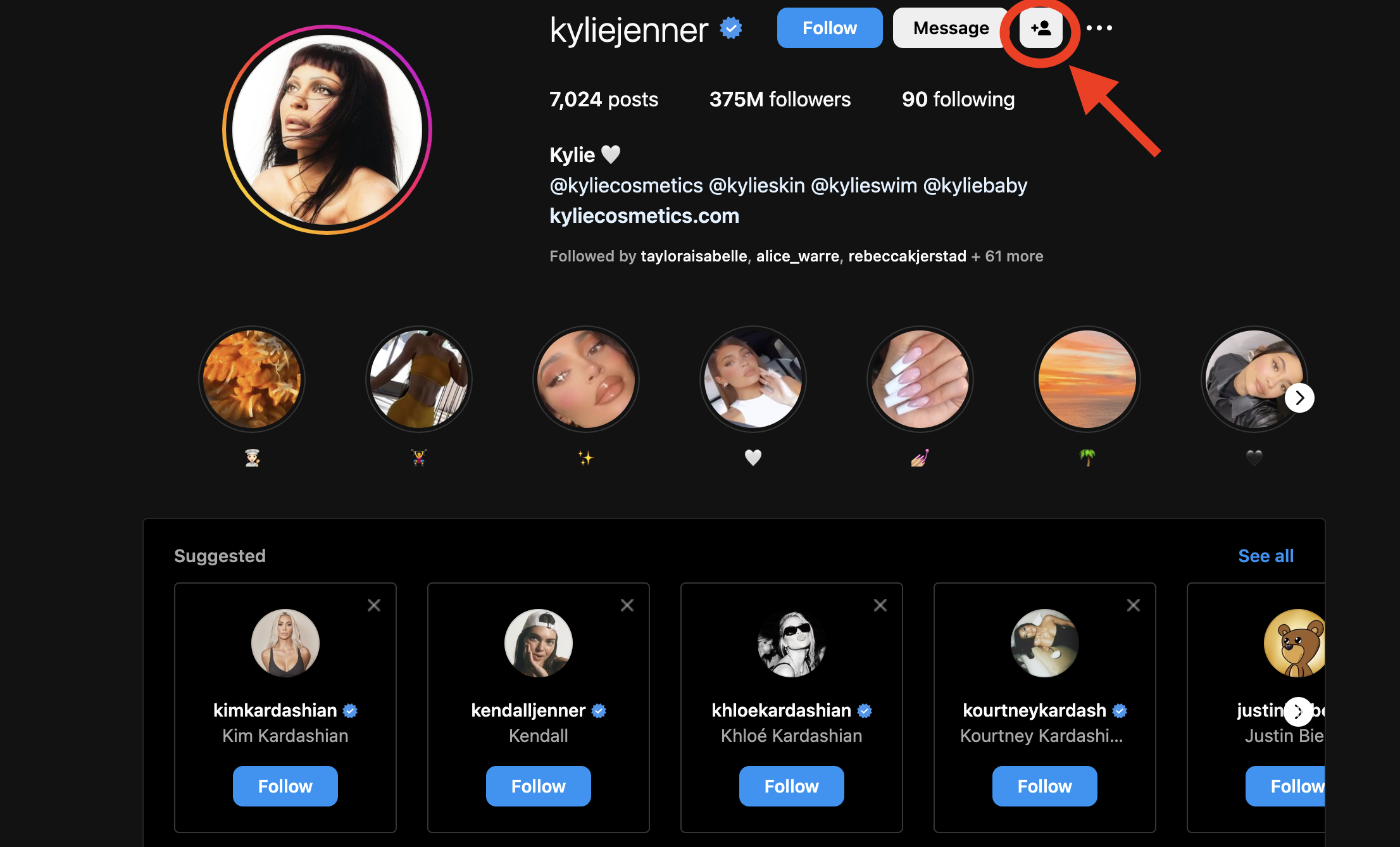 screenshoot of kylie jenner instagram page, showing the find similar profiles button.